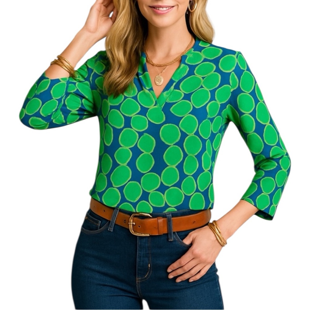 Escapada Geometric Bell Sleeve Top Small green Eclectic Grandma Maximalist